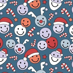 Happy holidays smiley christmas with smileys stars happy santa claus candy cane and reindeer vintage orange red lilac on blue