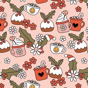 Happy holidays colorful Christmas with hot chocolate tea and coffee cups daisies pudding mistletoe and smileys pink vintage red green pink on blush