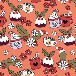 Happy holidays colorful Christmas with hot chocolate tea and coffee cups daisies pudding mistletoe and smileys pink vintage red green lilac on orange