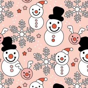 Happy holidays colorful Christmas snowflakes reindeer and snowmen smileys and smiley santa white red on blush pink