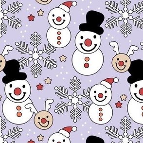 Happy holidays colorful Christmas snowflakes reindeer and snowmen smileys and smiley santa white red on lilac purple