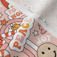 Happy holidays colorful Christmas smileys rainbows and presents retro seasonal design with text orange red blush pink