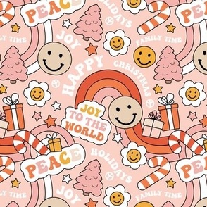 Happy holidays colorful Christmas smileys rainbows and presents retro seasonal design with text orange red blush pink