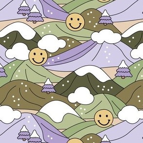 Happy holidays colorful Christmas smileys retro winter wonderland snowy mountains and christmas trees pink lilac purple green yellow