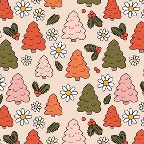 Happy holidays colorful Christmas trees and daisies mistletoe and berries vintage seventies style seasonal design orange red blush green