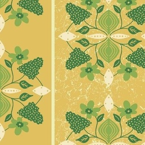 Vintage Kitchen Floral, 12 inch, Large Scale, Gold Yellow Background, Green and Cream