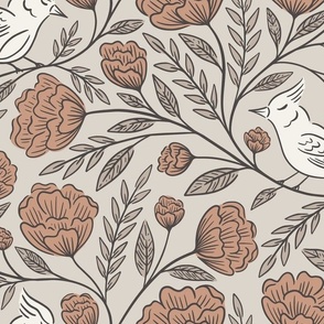 Birds and Blooms | Large Scale | Taupe & Terracotta Earth Tones