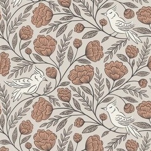 Birds and Blooms | Small Scale | Taupe & Terracotta