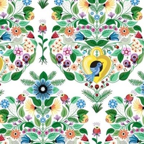 Colorful pattern of graphical floral damask with cute birds playing around on a spring day - small 