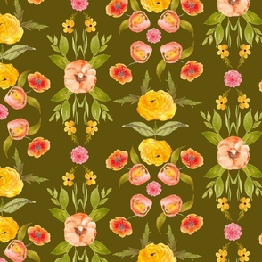 70s Inspired Floral // Peach and Yellow on Avocado 