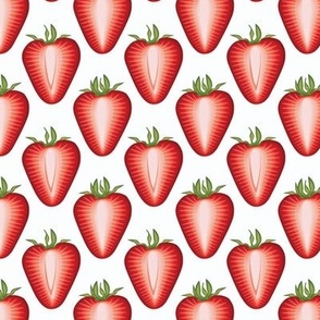 Half a strawberry, red on a white background