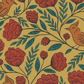 Birds and Blooms | Large Scale | Yellow Red Teal & Ochre