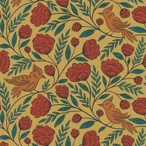 Birds and Blooms | Small Scale | Yellow Red Teal & Ochre