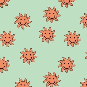 Happy sunshine summer smileys - nineties retro vibes smiling sun seventies orange on mint green