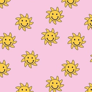 Happy sunshine summer smileys - nineties retro vibes smiling sun seventies yellow on pink