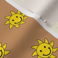 Happy sunshine summer smileys - nineties retro vibes smiling sun seventies neon yellow on tan caramel brown 