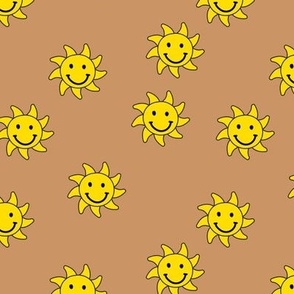 Happy sunshine summer smileys - nineties retro vibes smiling sun seventies neon yellow on tan caramel brown 