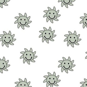 Happy sunshine summer smileys - nineties retro vibes smiling sun seventies sage green on white