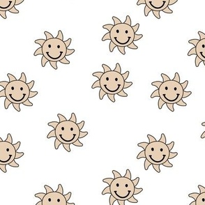 Happy sunshine summer smileys - nineties retro vibes smiling sun seventies camel beige on white