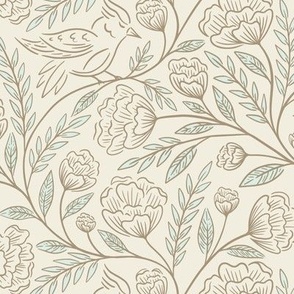 Birds and Blooms | Medium Scale | Cream & Mint Highlights 