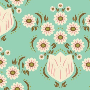 Daisy Damask in blue and pink