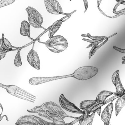 Cutlery & Herbs // Landscape Orientation // Large Scale // Graphite on White