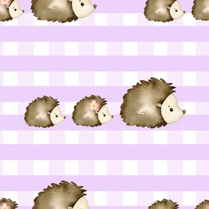 Watercolor Baby Hedgehogs Purple Gingham Check