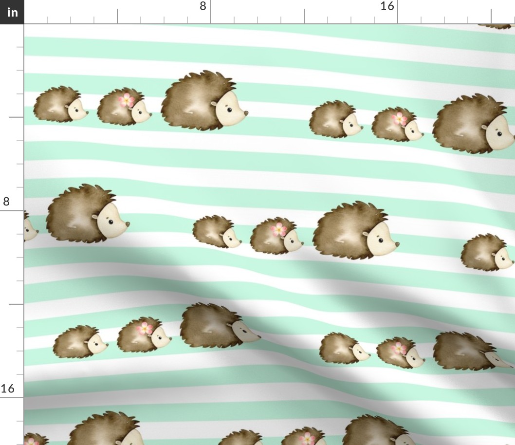 Watercolor Baby Hedgehogs Mint Green Stripes