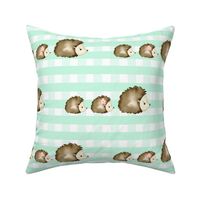 Watercolor Baby Hedgehogs Mint Green Gingham Check