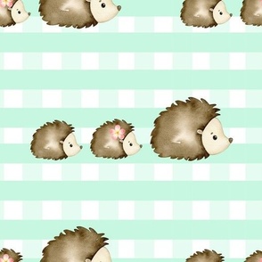 Watercolor Baby Hedgehogs Mint Green Gingham Check