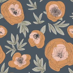 Outlined Flowers_Muted Blue-Gray, Peach & Orange_Large-Scale_24 x 24 inch repeat