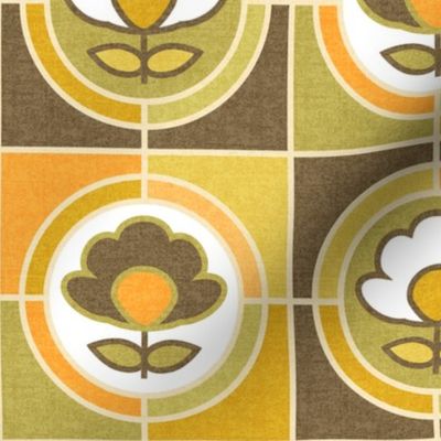 Groovy 70s Flower Power Tiles // Circles and Squares // Vintage Avocado Green, Brown, Orange, Gold, White with Cream Outlines