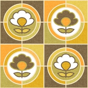 Groovy 70s Flower Power Tiles // Circles and Squares // Vintage Avocado Green, Brown, Orange, Gold, White with Cream Outlines