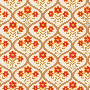 Red flowers on ogee shapes  retro kitchen wallpaper