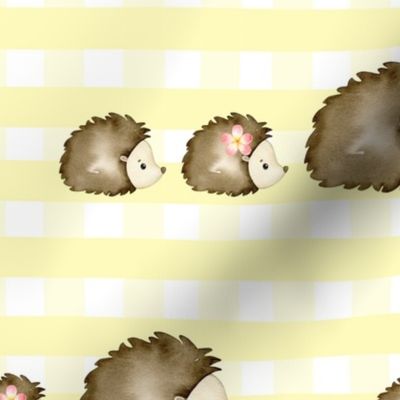 Watercolor Baby Hedgehogs Yellow Gingham Check