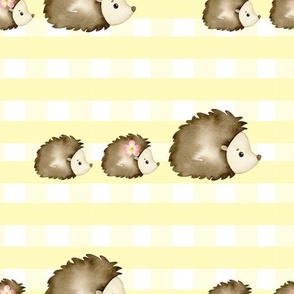 Watercolor Baby Hedgehogs Yellow Gingham Check
