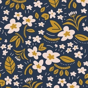 Simple Happy Floral Mustard, Navy, Blush