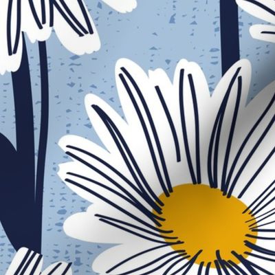 Large jumbo scale // Field of daisies // sky blue background white and yellow daisy flowers oxford navy blue line contour