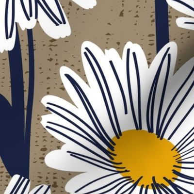 Large jumbo scale // Field of daisies // mushroom brown background white and yellow daisy flowers oxford navy blue line contour