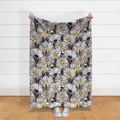 Large jumbo scale // Field of daisies // mushroom brown background white and yellow daisy flowers oxford navy blue line contour