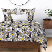 Large jumbo scale // Field of daisies // mushroom brown background white and yellow daisy flowers oxford navy blue line contour