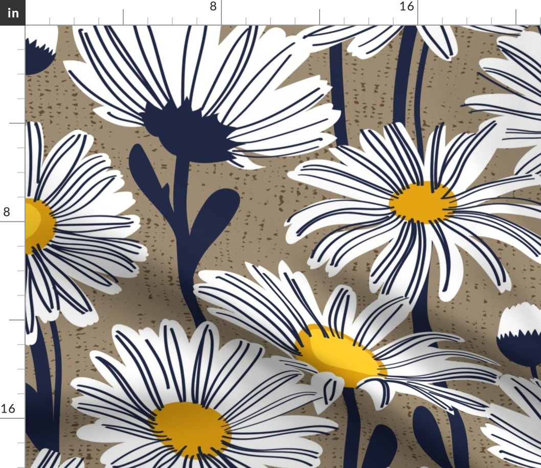 Large jumbo scale // Field of daisies // mushroom brown background white and yellow daisy flowers oxford navy blue line contour