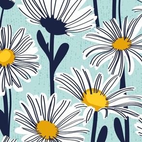 Large jumbo scale // Field of daisies // aqua background white and yellow daisy flowers oxford navy blue line contour