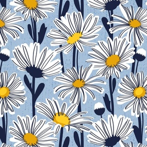 Normal scale // Field of daisies // sky blue background white and yellow daisy flowers oxford navy blue line contour