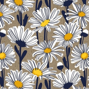 Normal scale // Field of daisies // mushroom brown background white and yellow daisy flowers oxford navy blue line contour