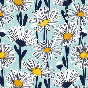 Normal scale // Field of daisies // aqua background white and yellow daisy flowers oxford navy blue line contour
