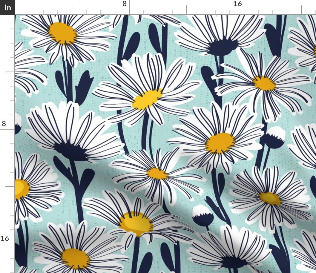 Normal scale // Field of daisies // aqua background white and yellow daisy flowers oxford navy blue line contour