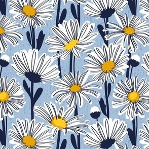 Small scale // Field of daisies // sky blue background white and yellow daisy flowers oxford navy blue line contour