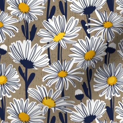 Small scale // Field of daisies // mushroom brown background white and yellow daisy flowers oxford navy blue line contour