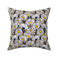 Small scale // Field of daisies // mushroom brown background white and yellow daisy flowers oxford navy blue line contour